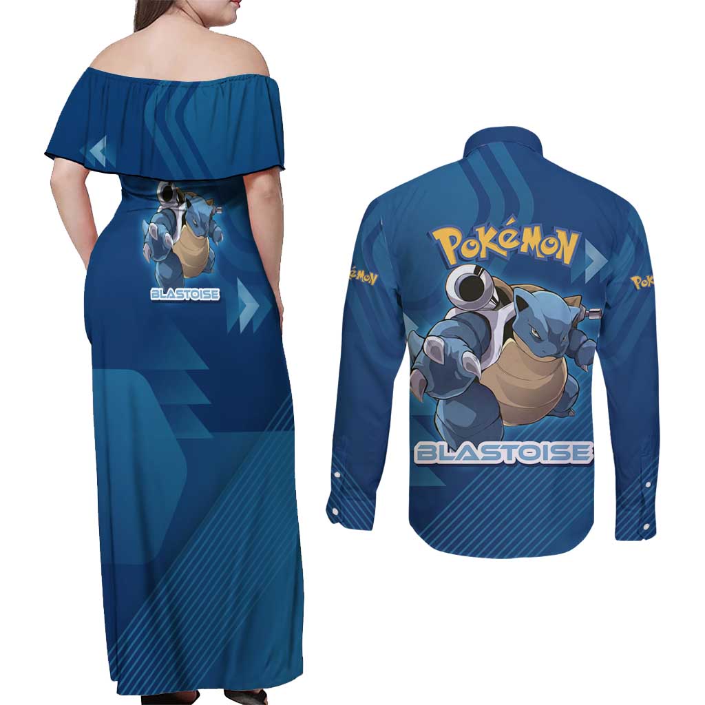 Blastoise Poké Couples Matching Off Shoulder Maxi Dress and Long Sleeve Button Shirt Tech Armor Anime Wave Style