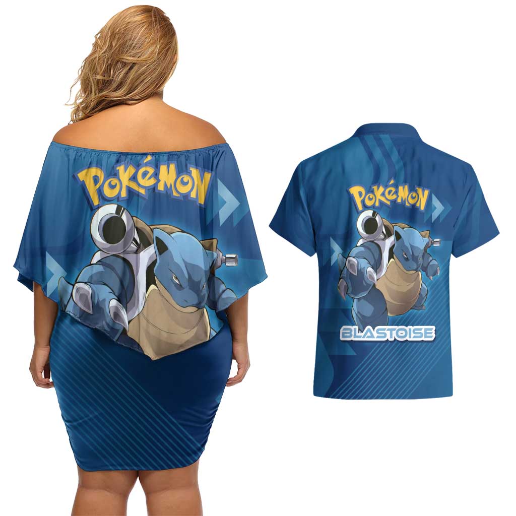 Blastoise Poké Couples Matching Off Shoulder Short Dress and Hawaiian Shirt Tech Armor Anime Wave Style