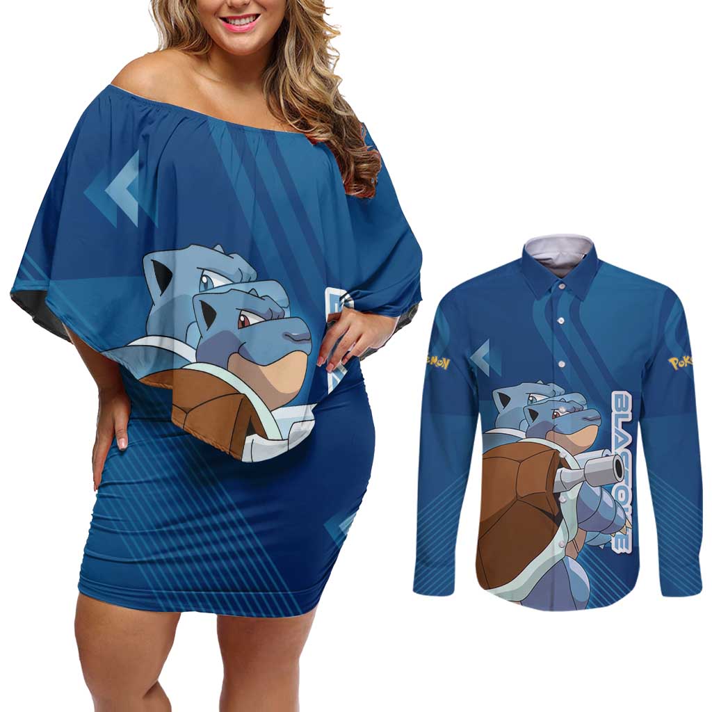 Blastoise Poké Couples Matching Off Shoulder Short Dress and Long Sleeve Button Shirt Tech Armor Anime Wave Style