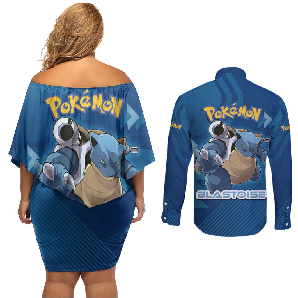 Blastoise Poké Couples Matching Off Shoulder Short Dress and Long Sleeve Button Shirt Tech Armor Anime Wave Style