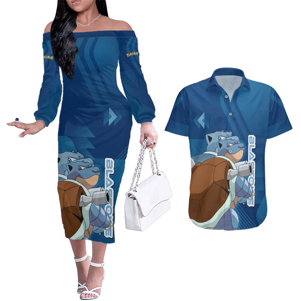 Blastoise Poké Couples Matching Off The Shoulder Long Sleeve Dress and Hawaiian Shirt Tech Armor Anime Wave Style