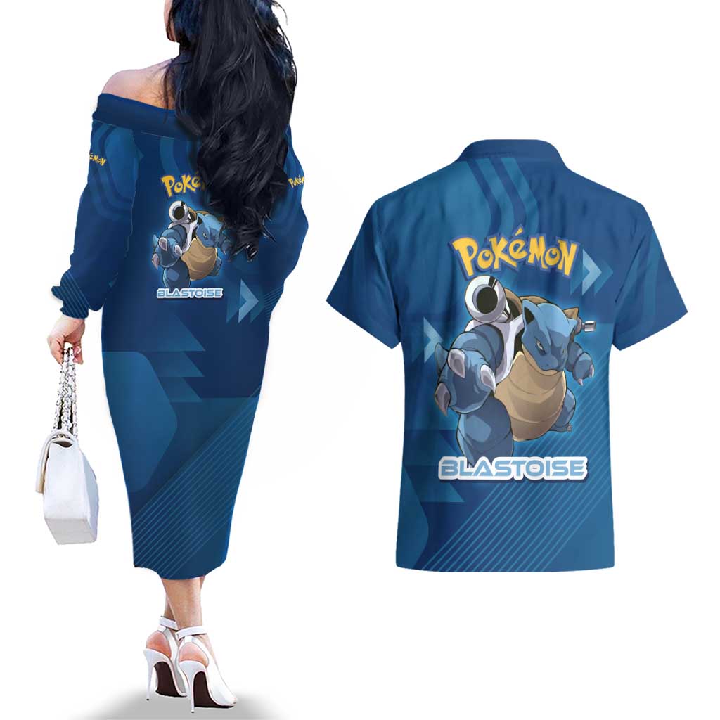 Blastoise Poké Couples Matching Off The Shoulder Long Sleeve Dress and Hawaiian Shirt Tech Armor Anime Wave Style