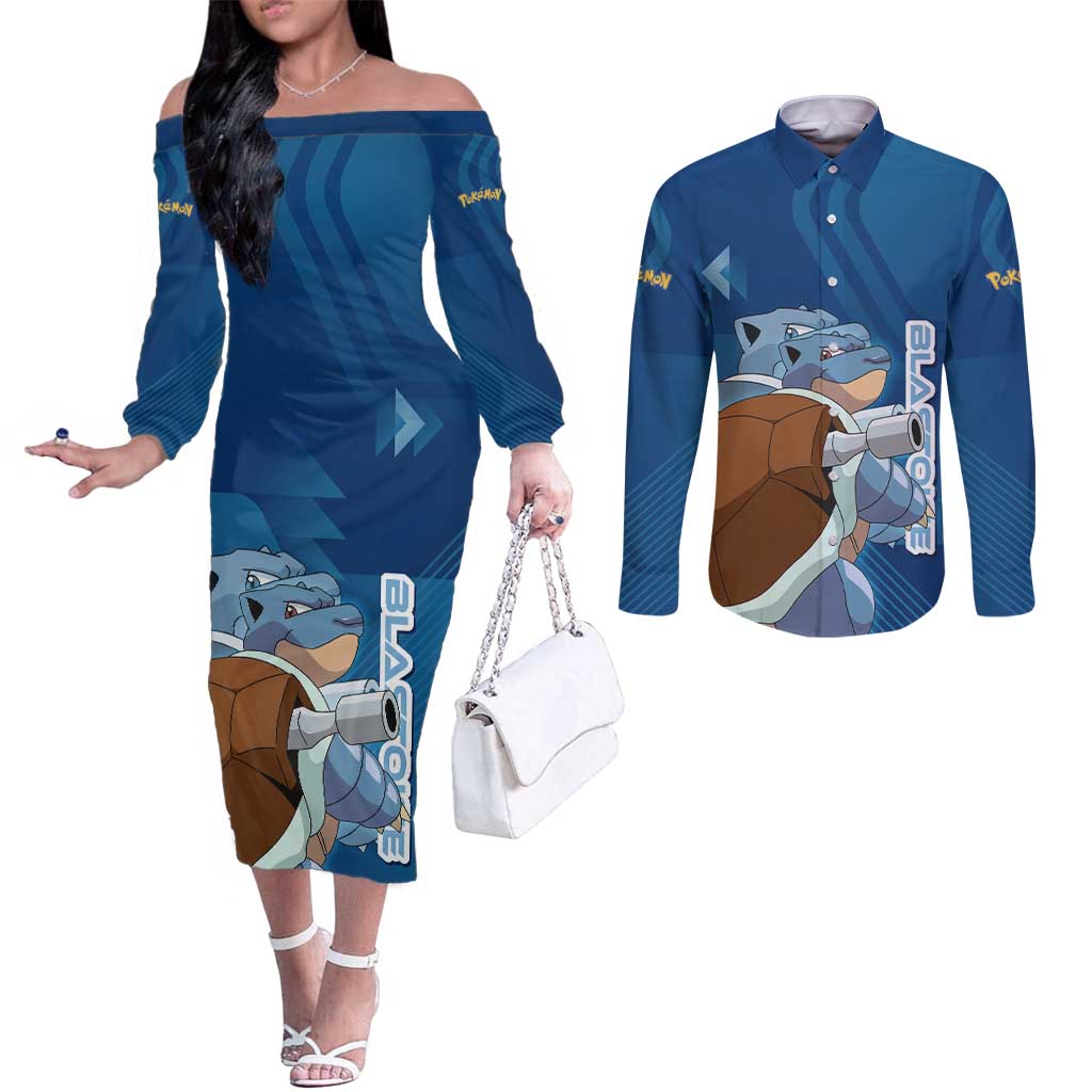 Blastoise Poké Couples Matching Off The Shoulder Long Sleeve Dress and Long Sleeve Button Shirt Tech Armor Anime Wave Style