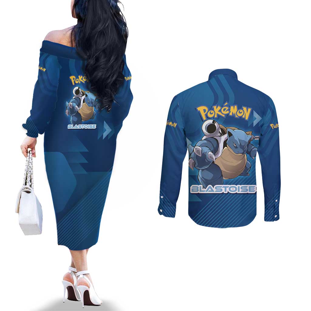 Blastoise Poké Couples Matching Off The Shoulder Long Sleeve Dress and Long Sleeve Button Shirt Tech Armor Anime Wave Style