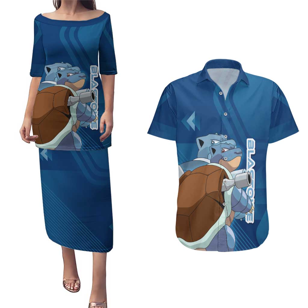 Blastoise Poké Couples Matching Puletasi and Hawaiian Shirt Tech Armor Anime Wave Style