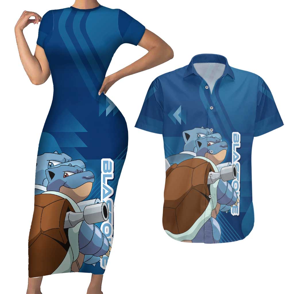 Blastoise Poké Couples Matching Short Sleeve Bodycon Dress and Hawaiian Shirt Tech Armor Anime Wave Style