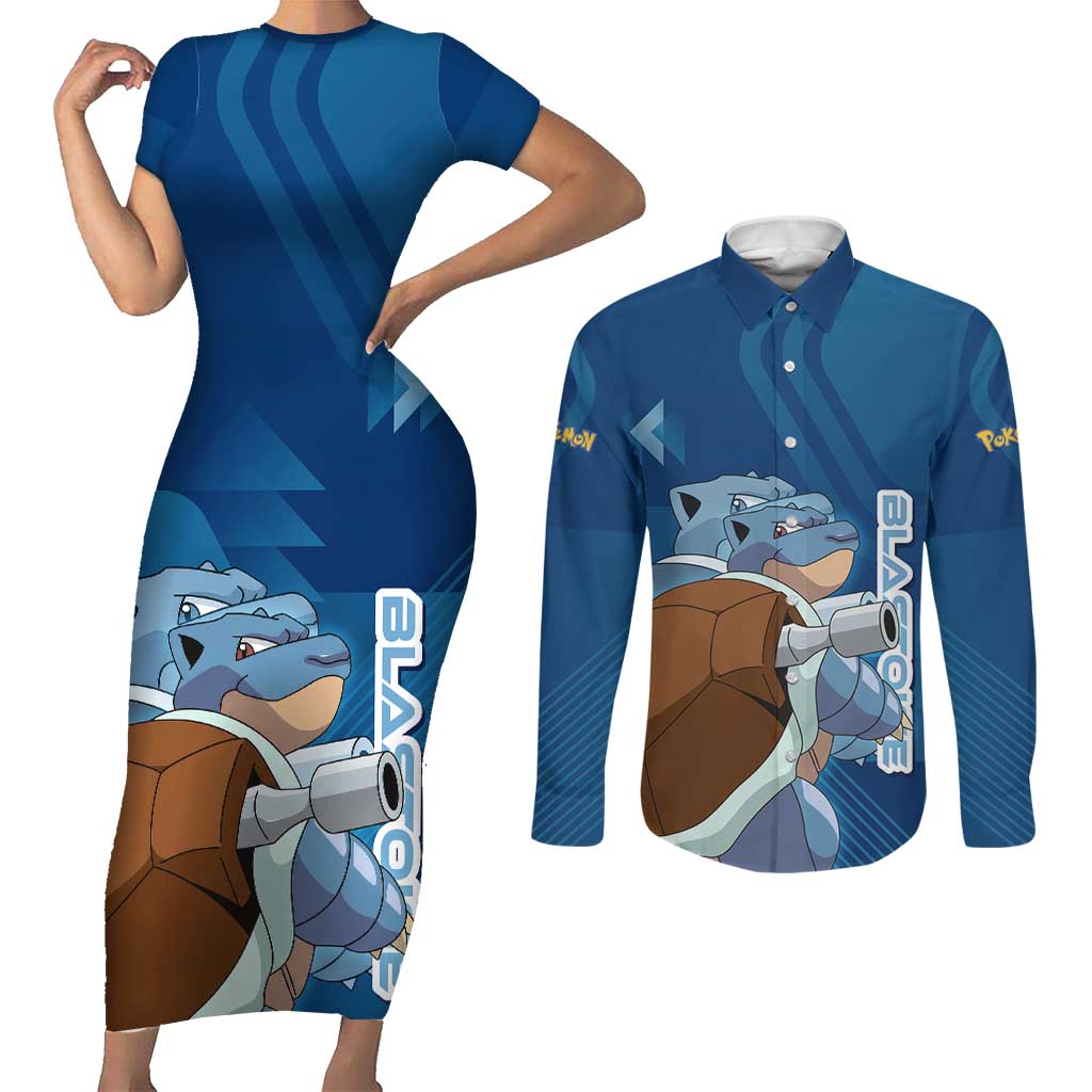 Blastoise Poké Couples Matching Short Sleeve Bodycon Dress and Long Sleeve Button Shirt Tech Armor Anime Wave Style