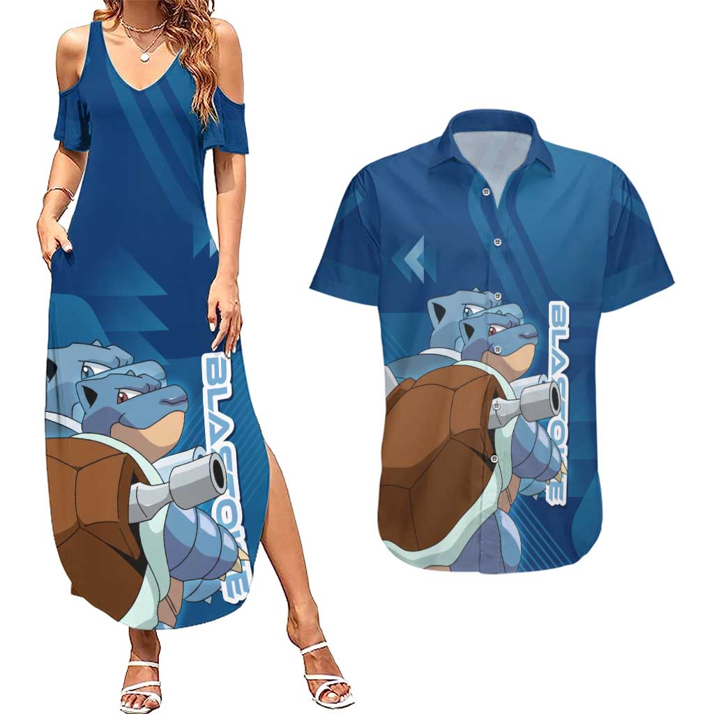 Blastoise Poké Couples Matching Summer Maxi Dress and Hawaiian Shirt Tech Armor Anime Wave Style
