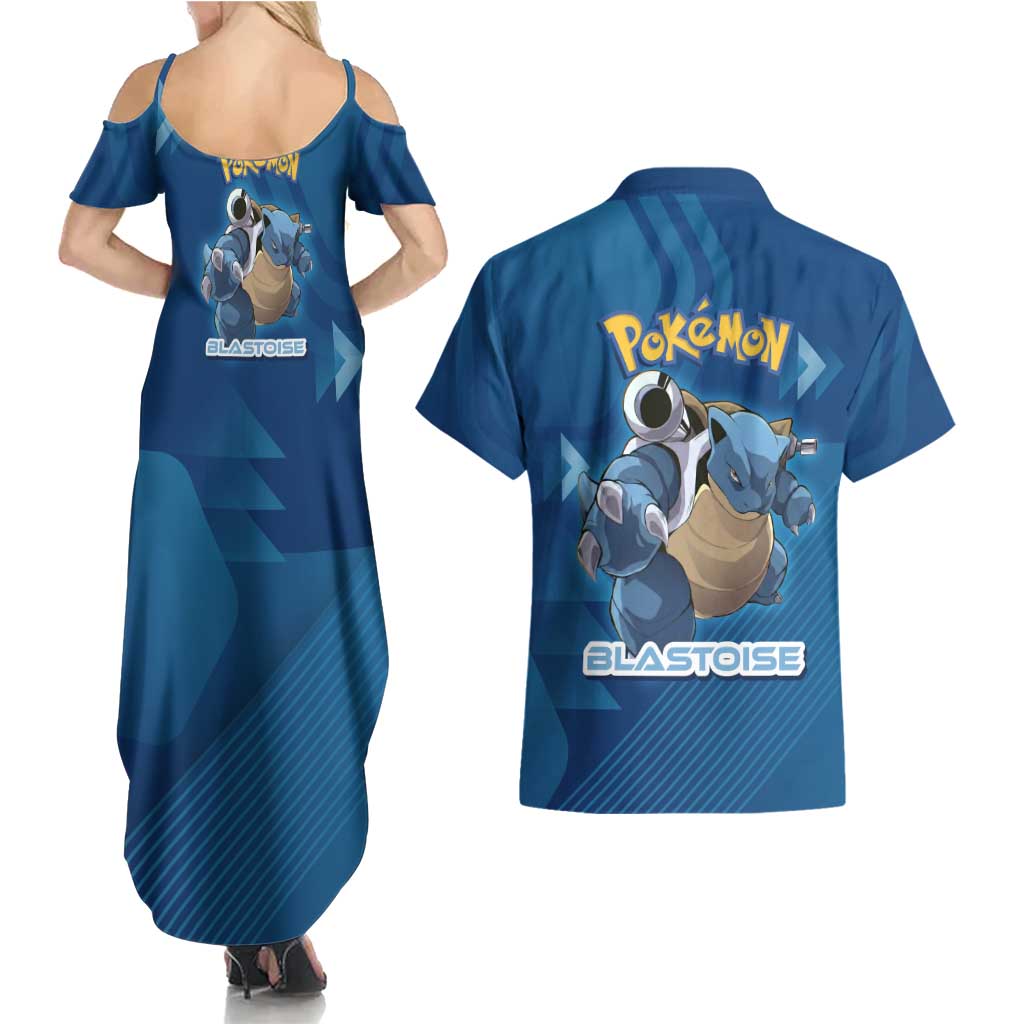 Blastoise Poké Couples Matching Summer Maxi Dress and Hawaiian Shirt Tech Armor Anime Wave Style