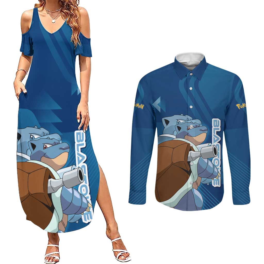 Blastoise Poké Couples Matching Summer Maxi Dress and Long Sleeve Button Shirt Tech Armor Anime Wave Style