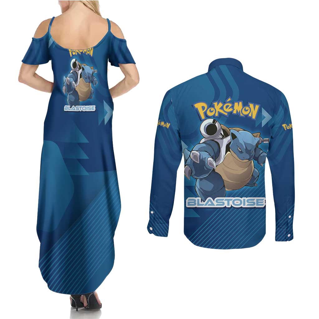 Blastoise Poké Couples Matching Summer Maxi Dress and Long Sleeve Button Shirt Tech Armor Anime Wave Style