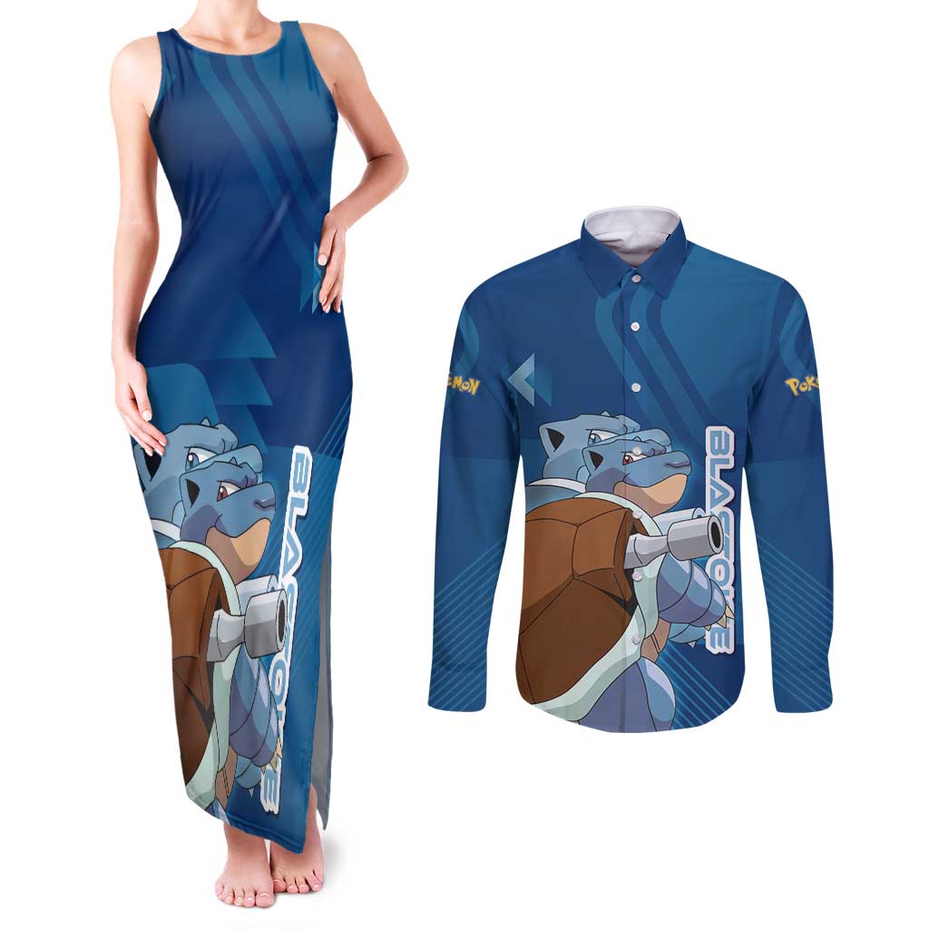 Blastoise Poké Couples Matching Tank Maxi Dress and Long Sleeve Button Shirt Tech Armor Anime Wave Style