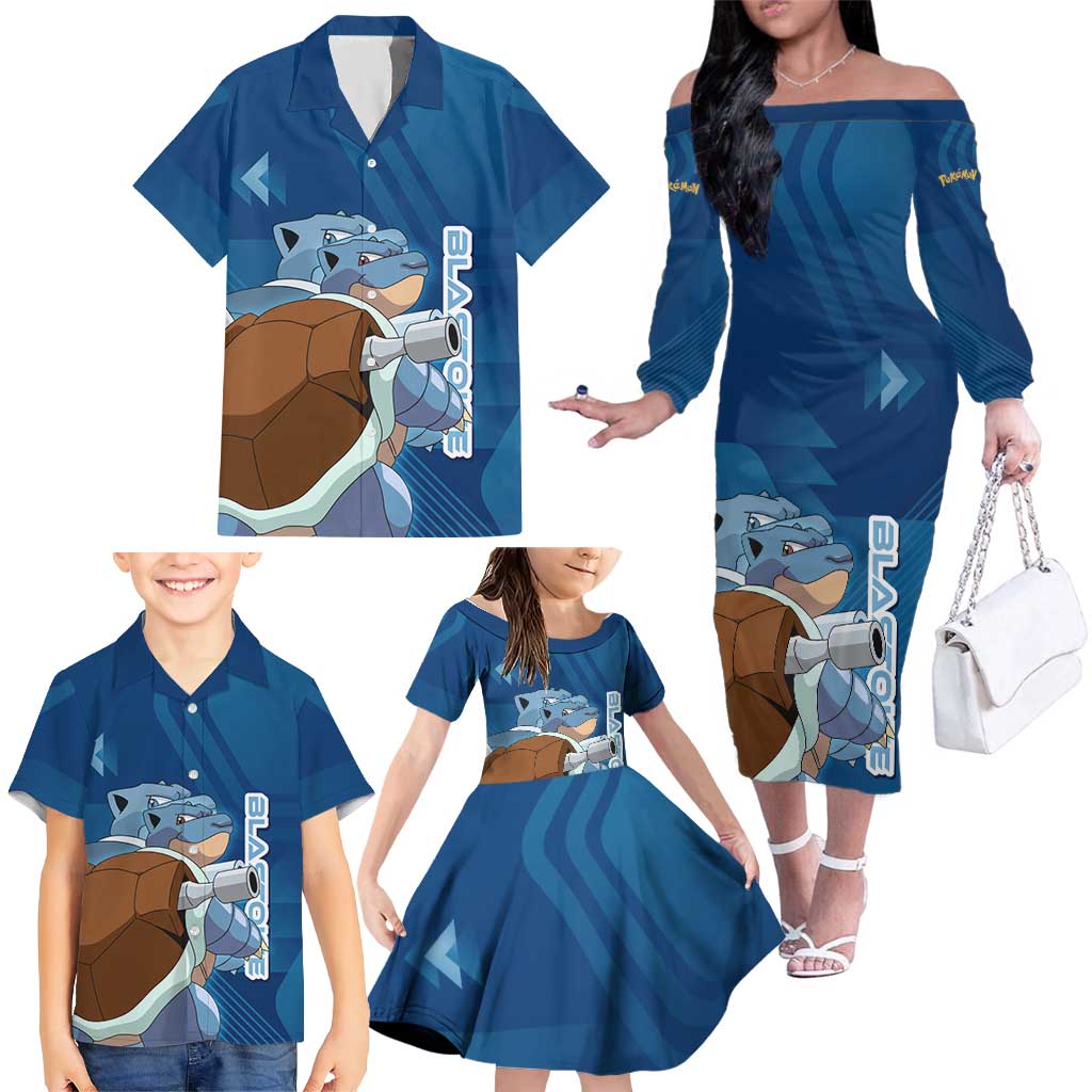 Blastoise Poké Family Matching Off The Shoulder Long Sleeve Dress and Hawaiian Shirt Tech Armor Anime Wave Style