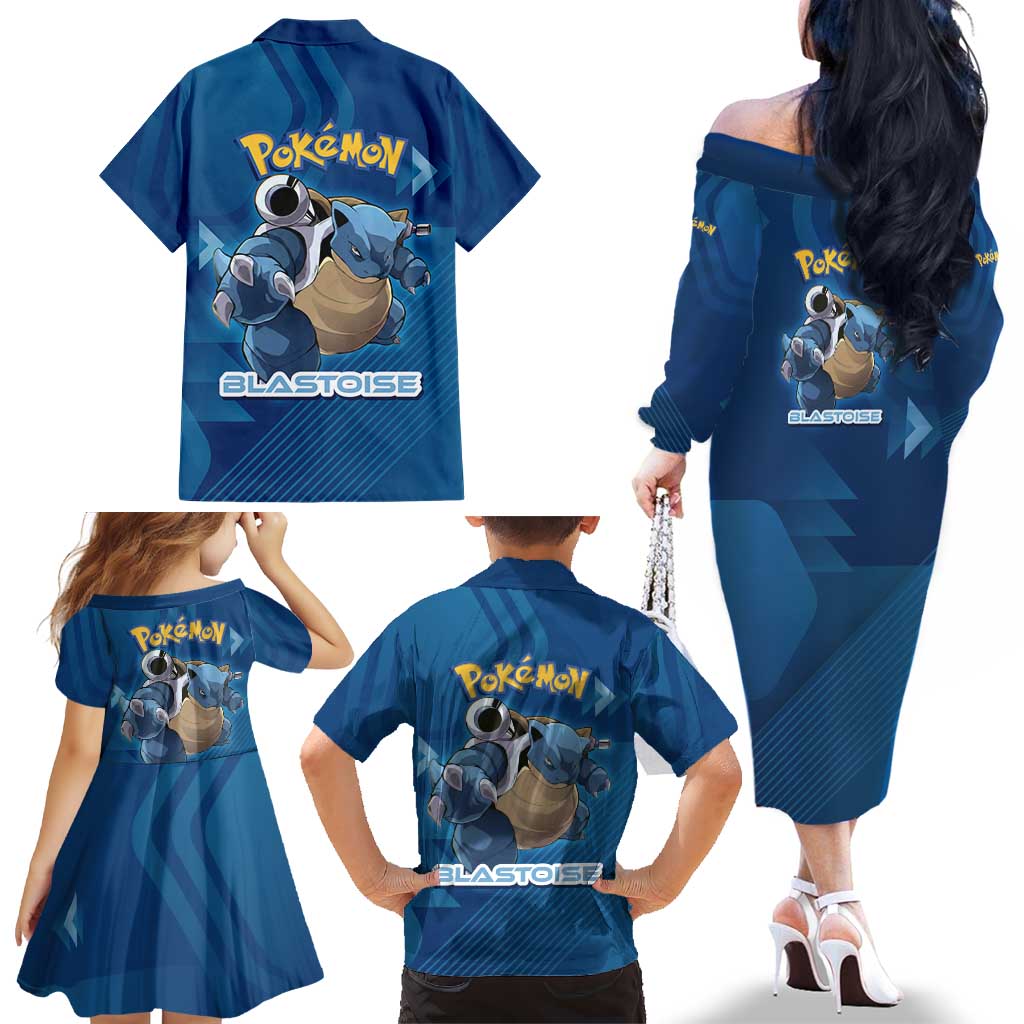Blastoise Poké Family Matching Off The Shoulder Long Sleeve Dress and Hawaiian Shirt Tech Armor Anime Wave Style