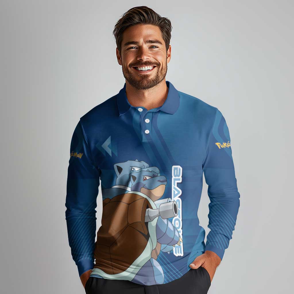 Blastoise Poké Long Sleeve Polo Shirt Tech Armor Anime Wave Style