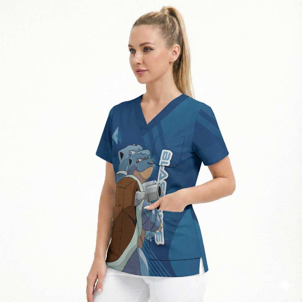 Blastoise Poké Scrub Top Tech Armor Anime Wave Style