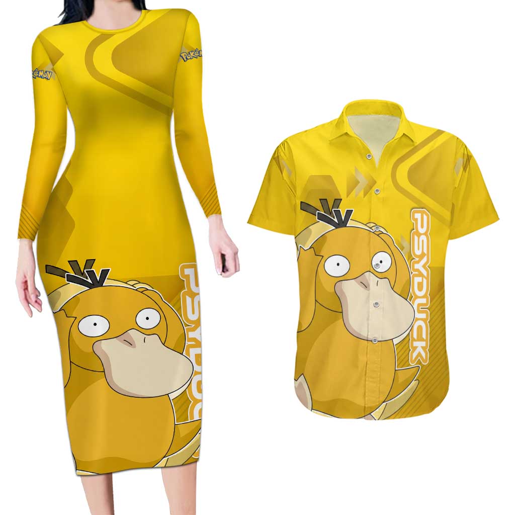 Psyduck Poké Couples Matching Long Sleeve Bodycon Dress and Hawaiian Shirt Confused Yellow Cartoon Vector Style