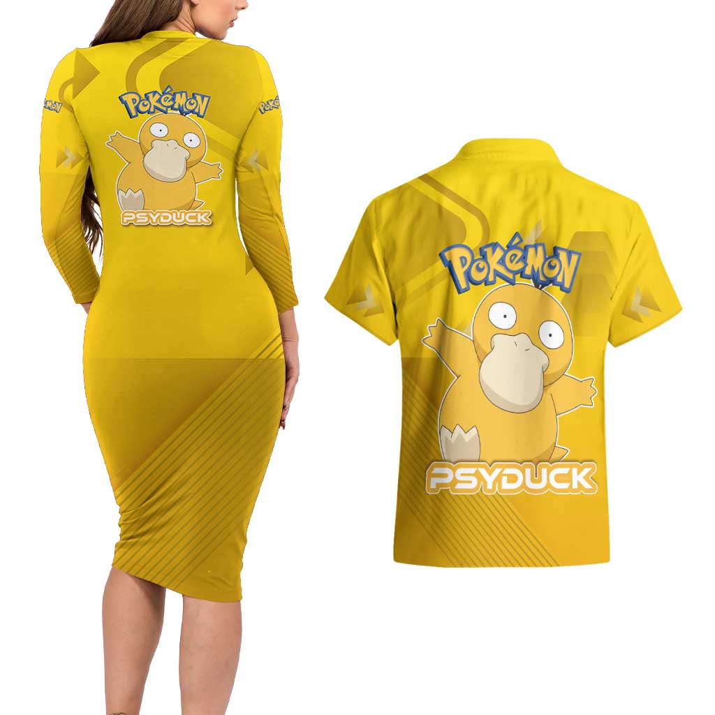 Psyduck Poké Couples Matching Long Sleeve Bodycon Dress and Hawaiian Shirt Confused Yellow Cartoon Vector Style