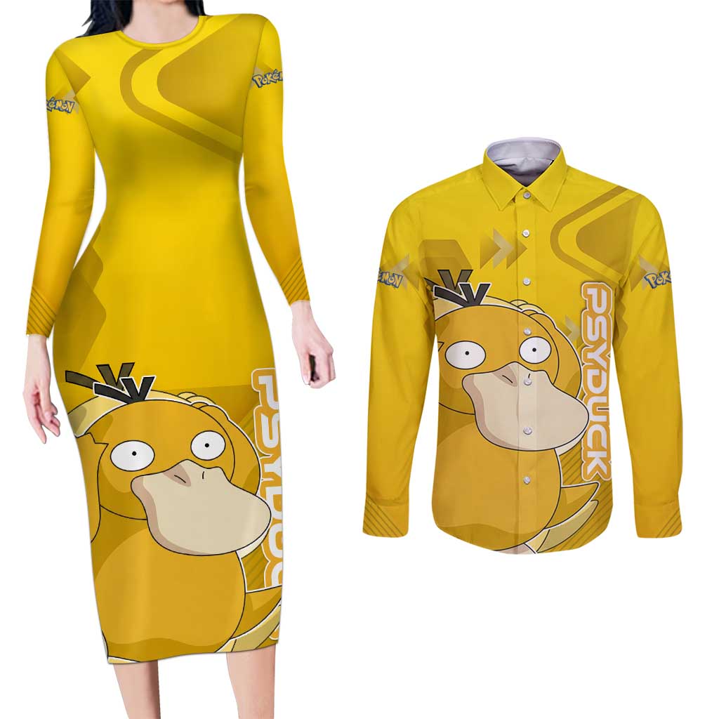 Psyduck Poké Couples Matching Long Sleeve Bodycon Dress and Long Sleeve Button Shirt Confused Yellow Cartoon Vector Style