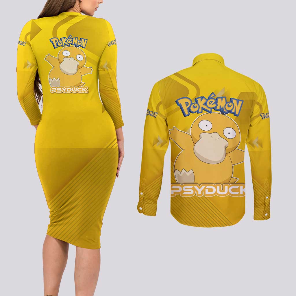 Psyduck Poké Couples Matching Long Sleeve Bodycon Dress and Long Sleeve Button Shirt Confused Yellow Cartoon Vector Style