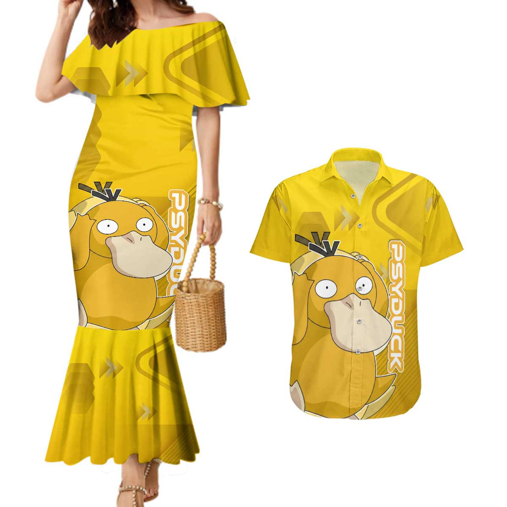 Psyduck Poké Couples Matching Mermaid Dress and Hawaiian Shirt Confused Yellow Cartoon Vector Style