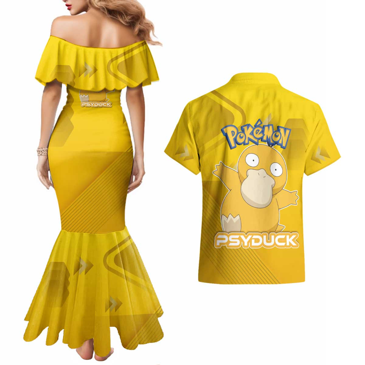 Psyduck Poké Couples Matching Mermaid Dress and Hawaiian Shirt Confused Yellow Cartoon Vector Style