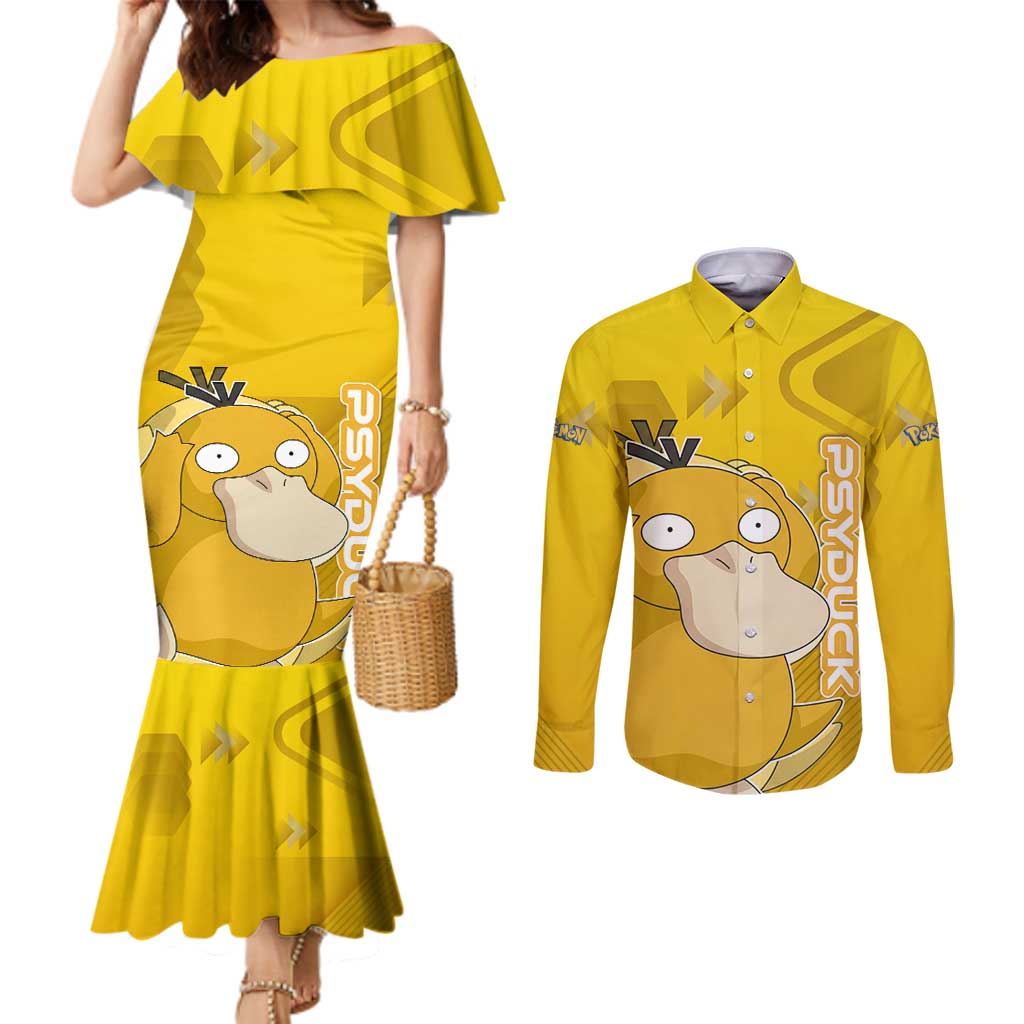 Psyduck Poké Couples Matching Mermaid Dress and Long Sleeve Button Shirt Confused Yellow Cartoon Vector Style