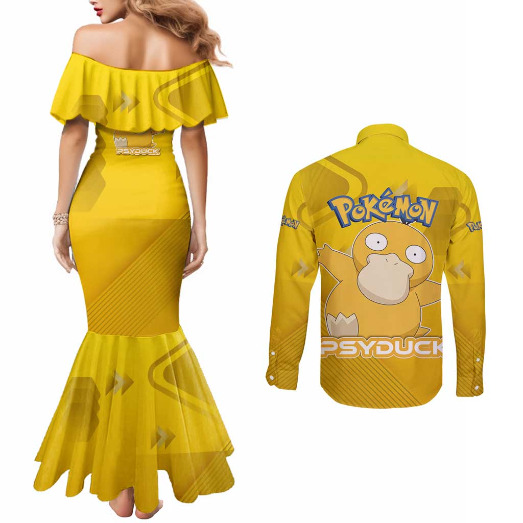 Psyduck Poké Couples Matching Mermaid Dress and Long Sleeve Button Shirt Confused Yellow Cartoon Vector Style