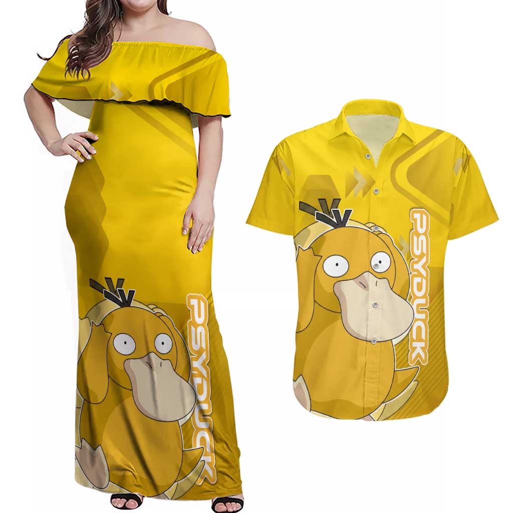 Psyduck Poké Couples Matching Off Shoulder Maxi Dress and Hawaiian Shirt Confused Yellow Cartoon Vector Style