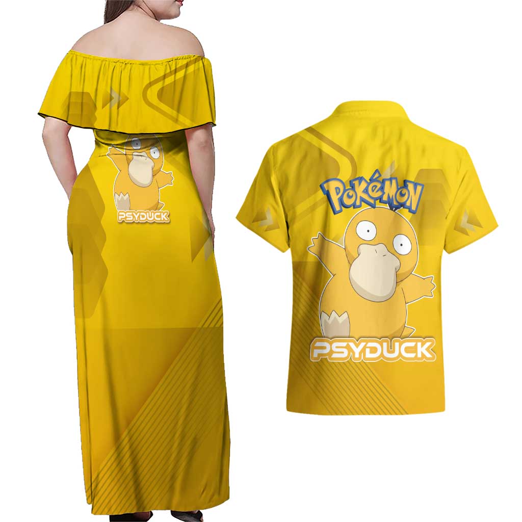 Psyduck Poké Couples Matching Off Shoulder Maxi Dress and Hawaiian Shirt Confused Yellow Cartoon Vector Style