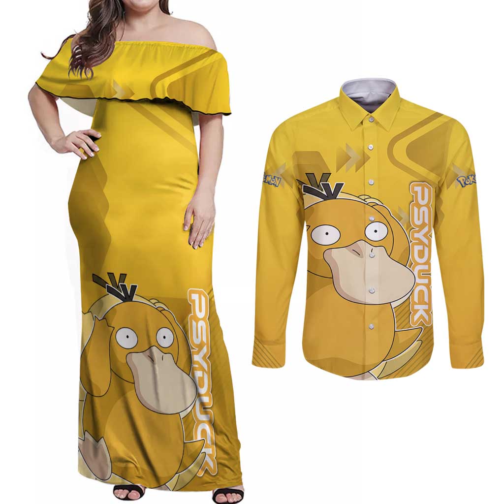 Psyduck Poké Couples Matching Off Shoulder Maxi Dress and Long Sleeve Button Shirt Confused Yellow Cartoon Vector Style