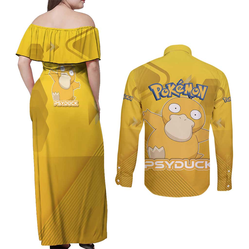 Psyduck Poké Couples Matching Off Shoulder Maxi Dress and Long Sleeve Button Shirt Confused Yellow Cartoon Vector Style