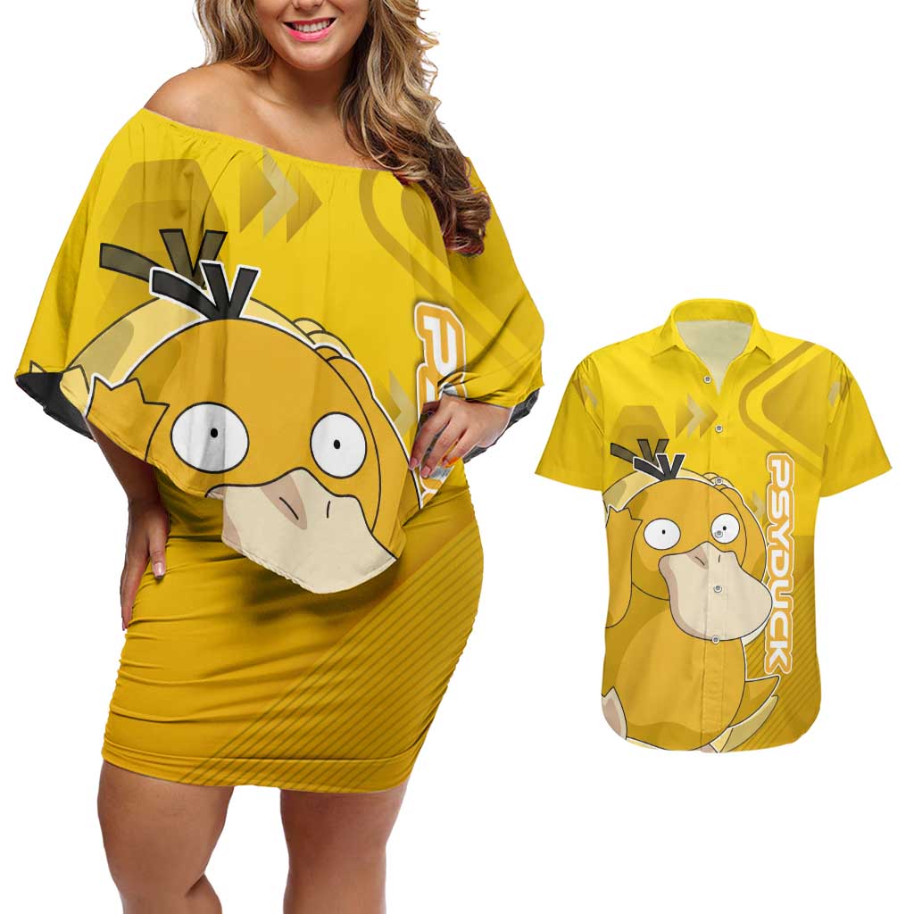 Psyduck Poké Couples Matching Off Shoulder Short Dress and Hawaiian Shirt Confused Yellow Cartoon Vector Style