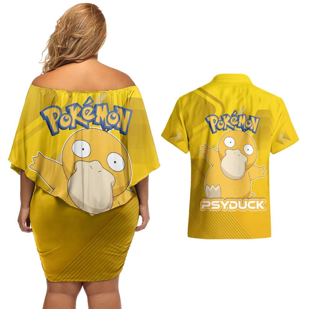 Psyduck Poké Couples Matching Off Shoulder Short Dress and Hawaiian Shirt Confused Yellow Cartoon Vector Style