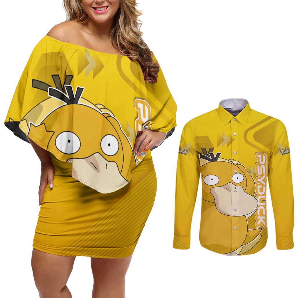 Psyduck Poké Couples Matching Off Shoulder Short Dress and Long Sleeve Button Shirt Confused Yellow Cartoon Vector Style