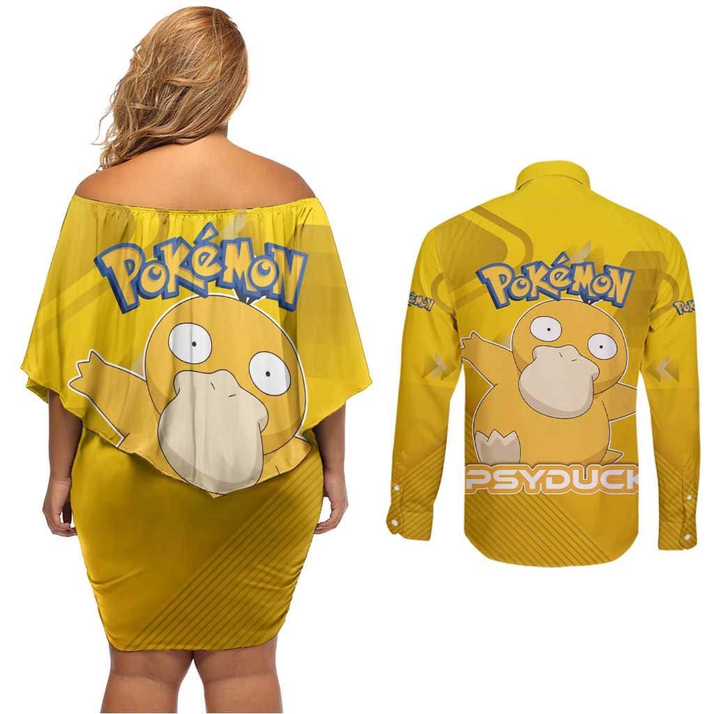 Psyduck Poké Couples Matching Off Shoulder Short Dress and Long Sleeve Button Shirt Confused Yellow Cartoon Vector Style