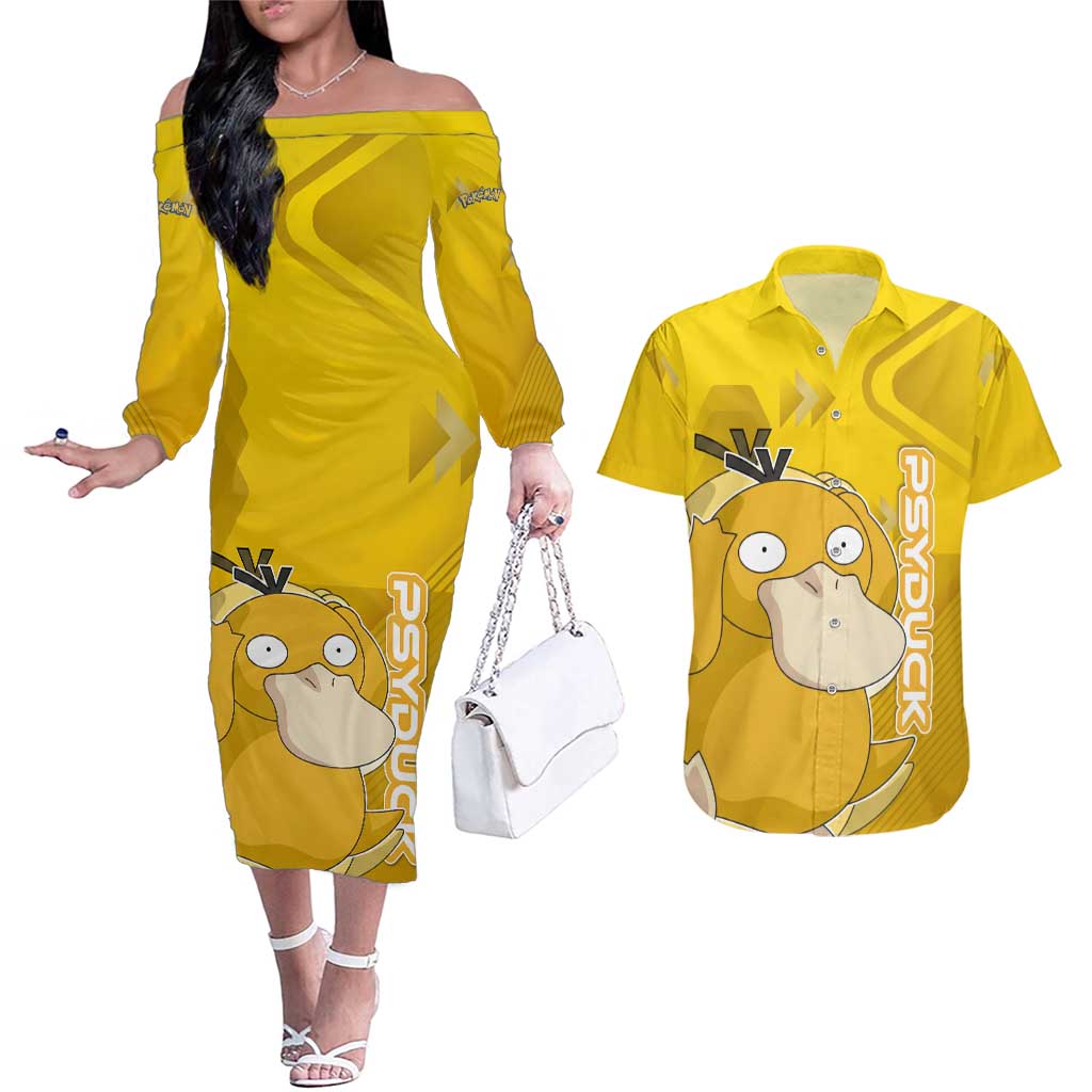 Psyduck Poké Couples Matching Off The Shoulder Long Sleeve Dress and Hawaiian Shirt Confused Yellow Cartoon Vector Style