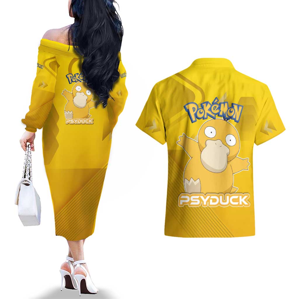 Psyduck Poké Couples Matching Off The Shoulder Long Sleeve Dress and Hawaiian Shirt Confused Yellow Cartoon Vector Style
