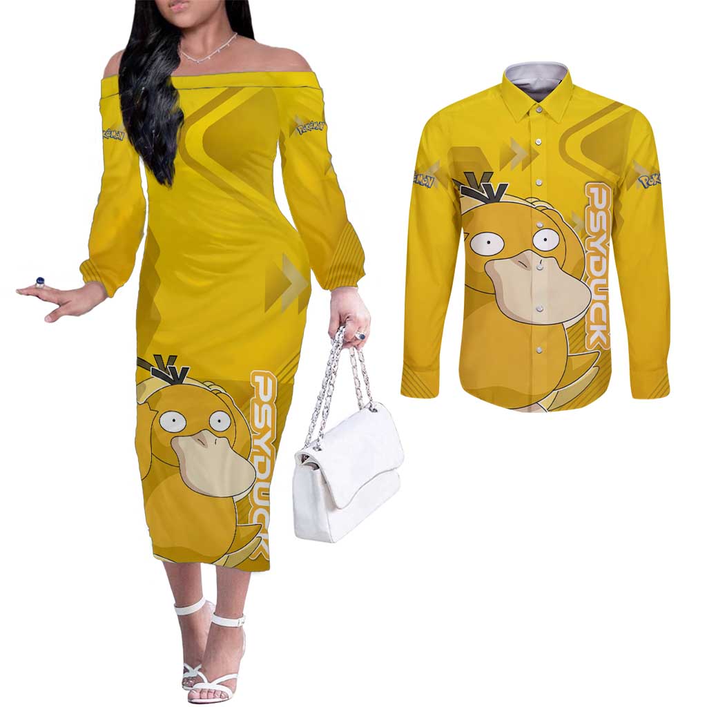 Psyduck Poké Couples Matching Off The Shoulder Long Sleeve Dress and Long Sleeve Button Shirt Confused Yellow Cartoon Vector Style