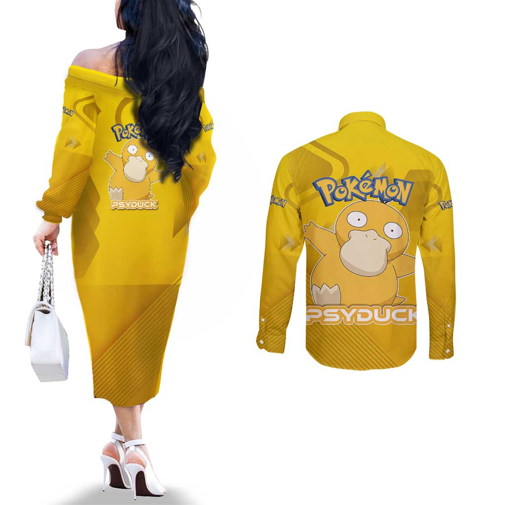 Psyduck Poké Couples Matching Off The Shoulder Long Sleeve Dress and Long Sleeve Button Shirt Confused Yellow Cartoon Vector Style