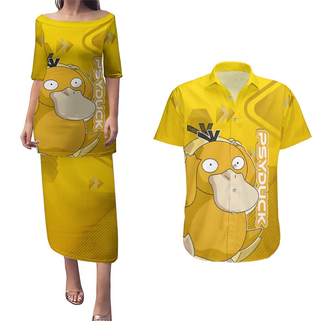 Psyduck Poké Couples Matching Puletasi and Hawaiian Shirt Confused Yellow Cartoon Vector Style