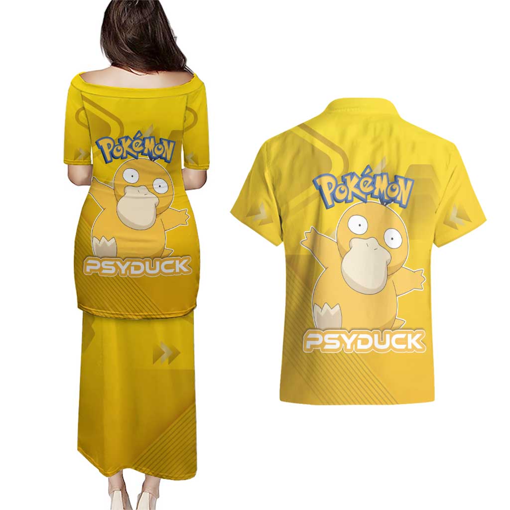 Psyduck Poké Couples Matching Puletasi and Hawaiian Shirt Confused Yellow Cartoon Vector Style