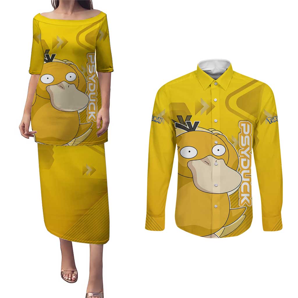 Psyduck Poké Couples Matching Puletasi and Long Sleeve Button Shirt Confused Yellow Cartoon Vector Style