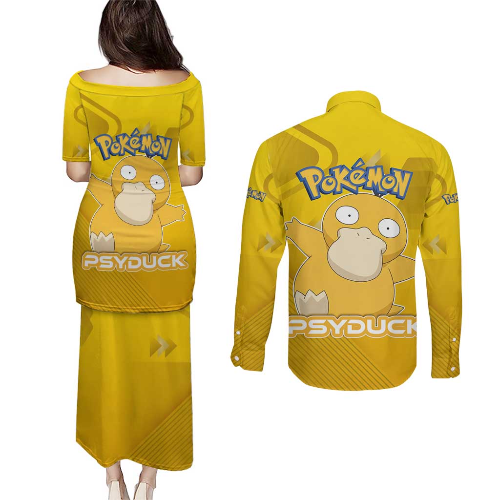 Psyduck Poké Couples Matching Puletasi and Long Sleeve Button Shirt Confused Yellow Cartoon Vector Style