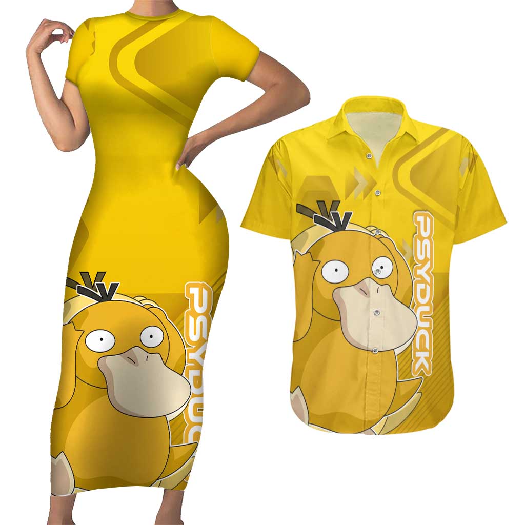 Psyduck Poké Couples Matching Short Sleeve Bodycon Dress and Hawaiian Shirt Confused Yellow Cartoon Vector Style