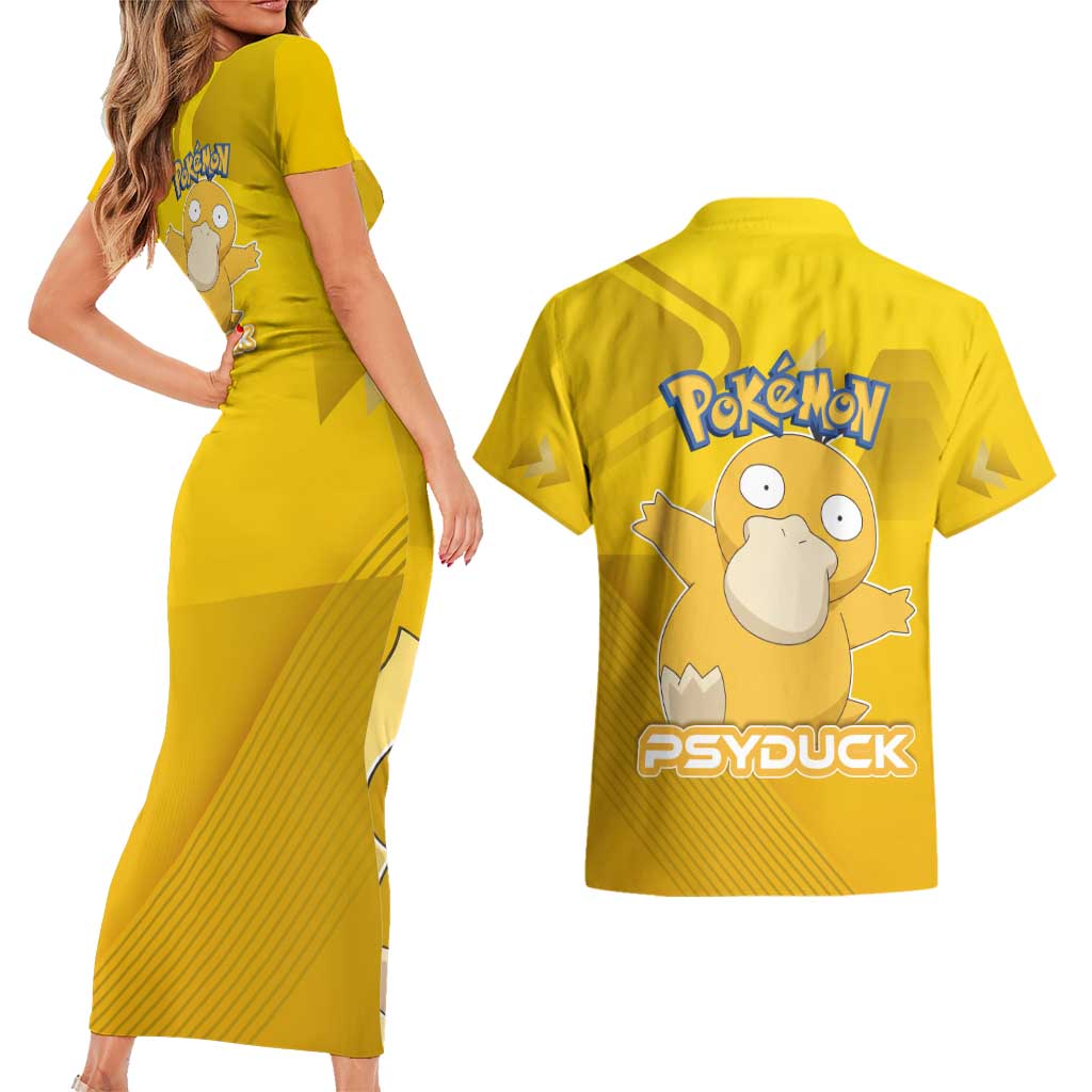 Psyduck Poké Couples Matching Short Sleeve Bodycon Dress and Hawaiian Shirt Confused Yellow Cartoon Vector Style