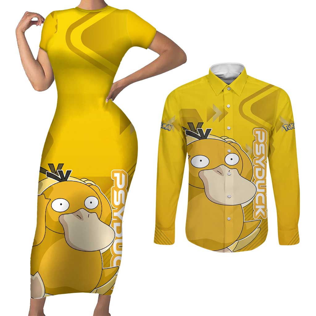 Psyduck Poké Couples Matching Short Sleeve Bodycon Dress and Long Sleeve Button Shirt Confused Yellow Cartoon Vector Style