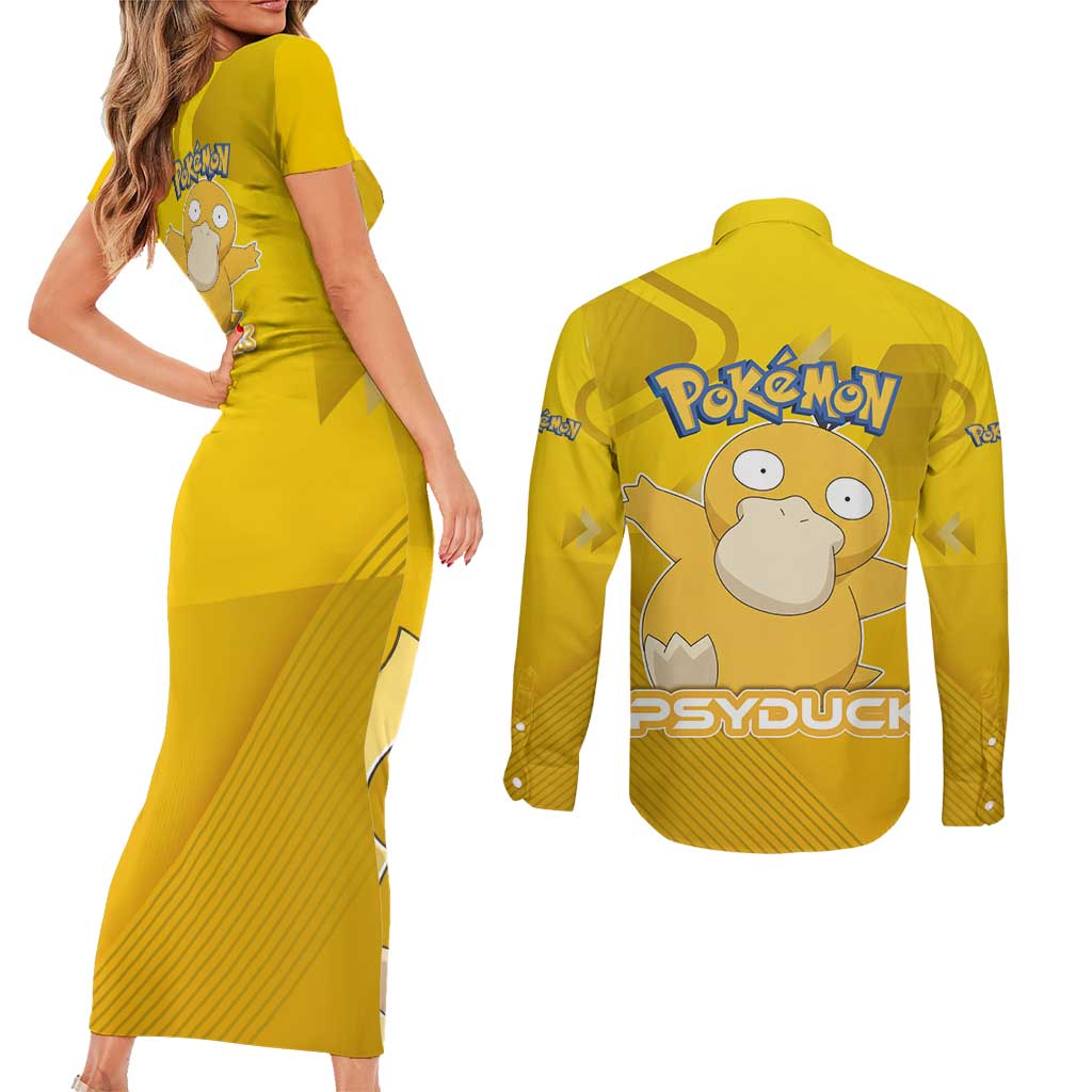 Psyduck Poké Couples Matching Short Sleeve Bodycon Dress and Long Sleeve Button Shirt Confused Yellow Cartoon Vector Style