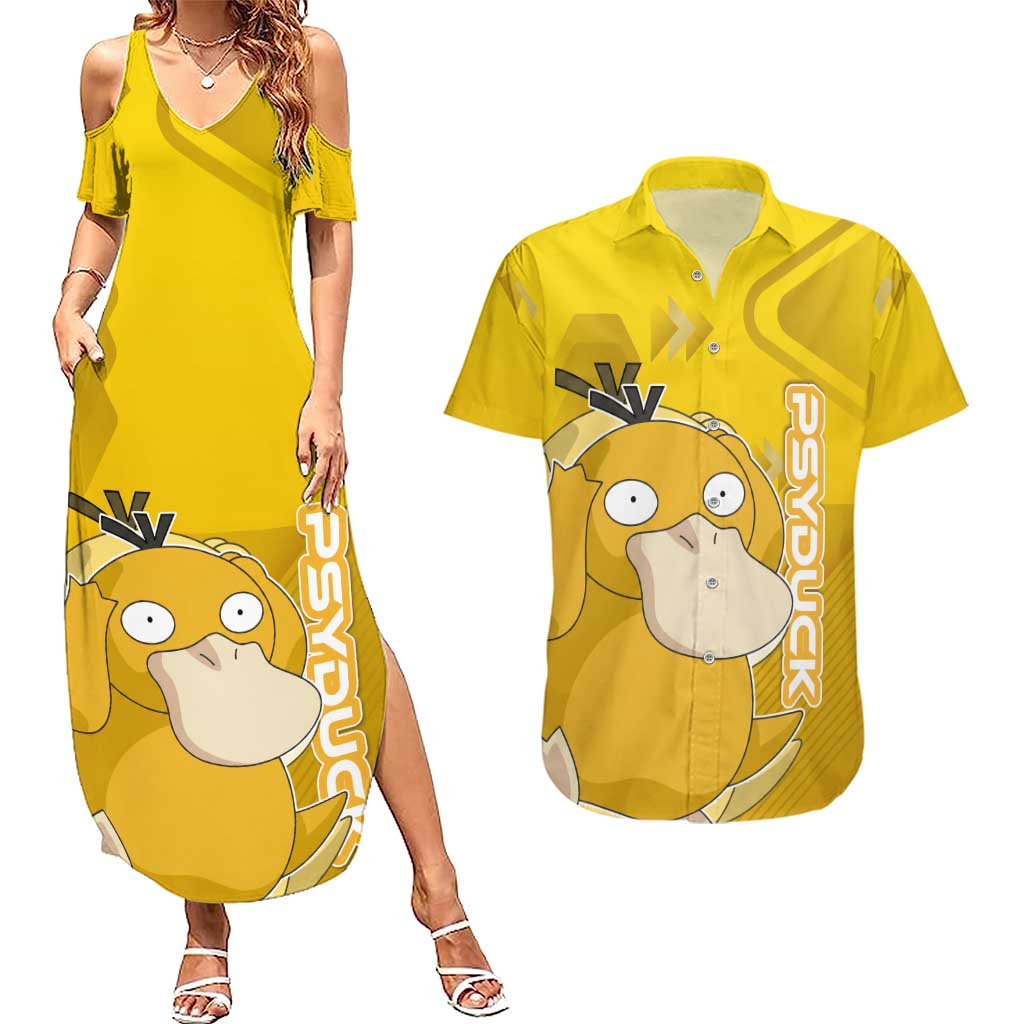 Psyduck Poké Couples Matching Summer Maxi Dress and Hawaiian Shirt Confused Yellow Cartoon Vector Style