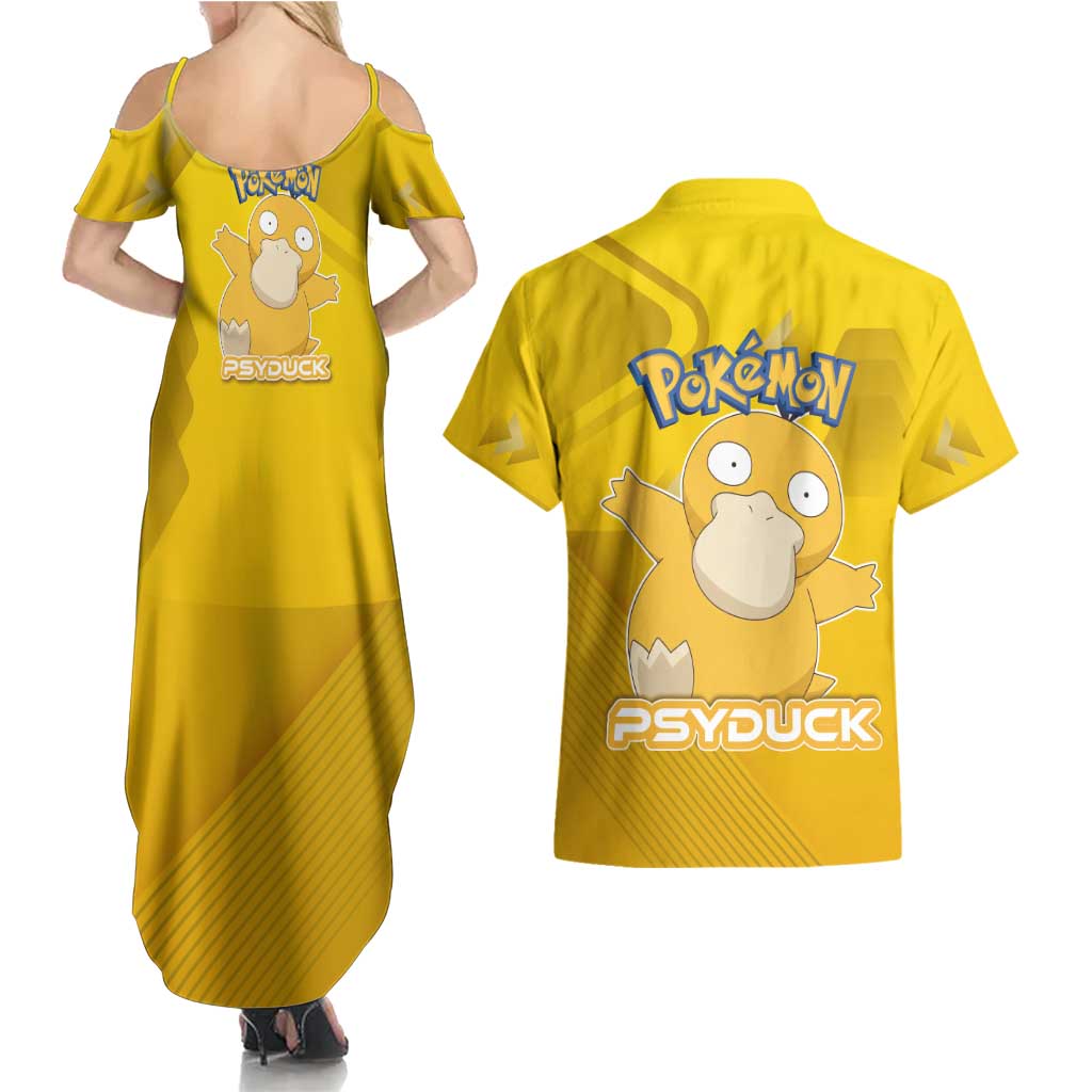 Psyduck Poké Couples Matching Summer Maxi Dress and Hawaiian Shirt Confused Yellow Cartoon Vector Style